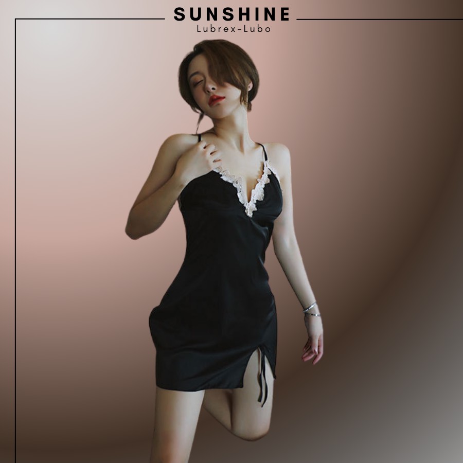 Váy ngủ lụa cao cấp phối ren sexy Đầm ngủ lụa 2 dây sexy màu Đen dành cho nữ Sunshine Lubrexlubo VL1045