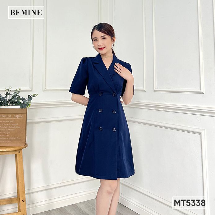 Đầm cổ vét đính nút tùng BEMINE MT5338XANHDEN