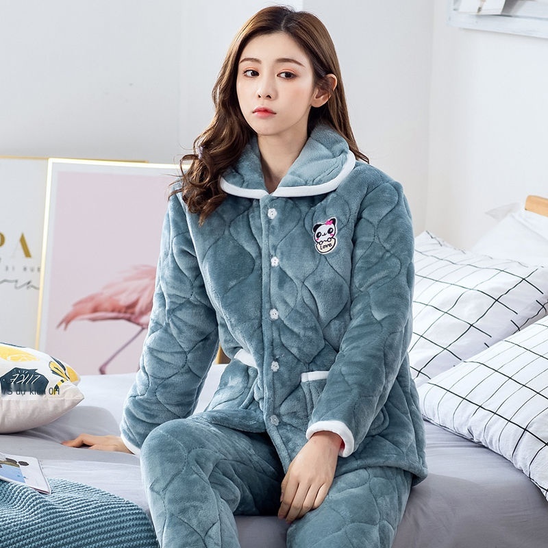 Đồ ngủ mùa đông phụ nữ dày ấm áp thu và flannel mặc nhà