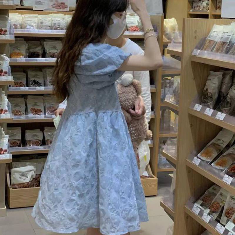 Đầm Chữ A Tay Phồng Cổ Vuông Màu Xanh Dương Phong Cách Pháp Thời Trang Mùa Hè