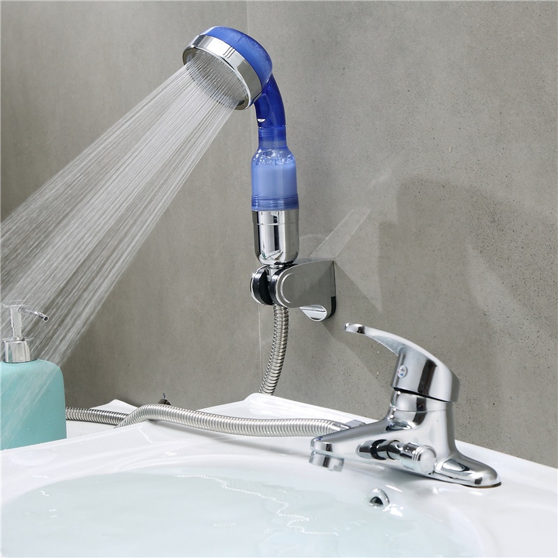 Vòi chậu rửa liền sen nóng lạnh, vòi lavabo liền vòi sen tăng áp 2 chân nóng lạnh bằng đồng mạ Niken màu Bạc cao cấp
