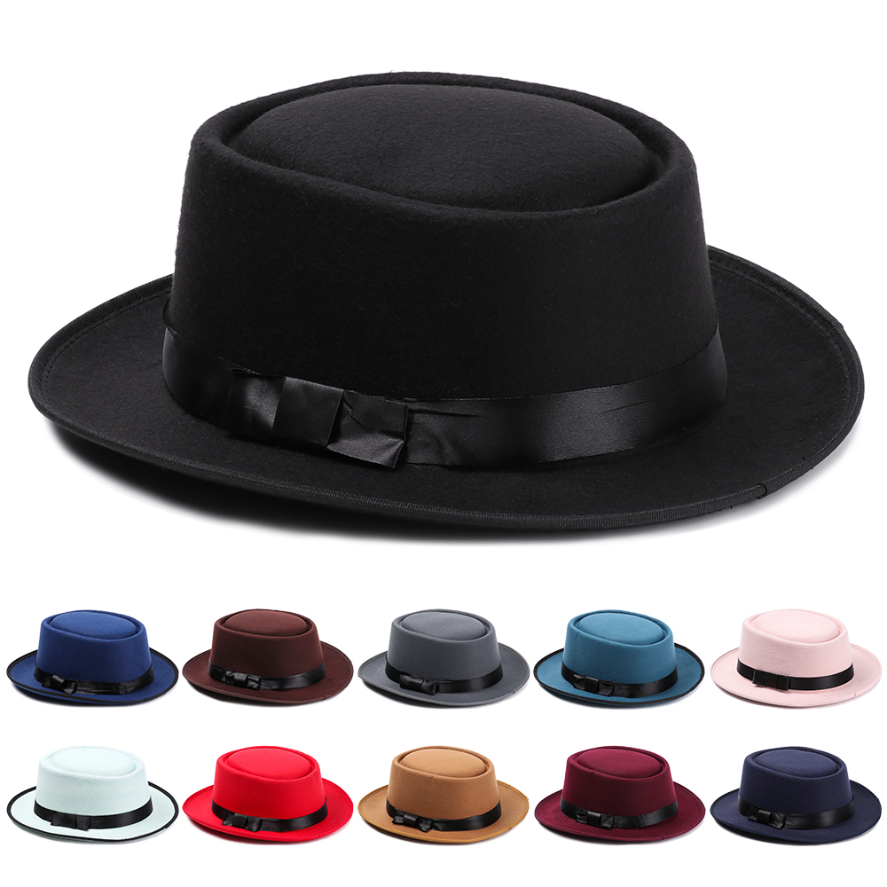 Mũ fedora vải len vành rộng phẳng kiểu cao bồi cổ điển nhiều màu thời trang thu đông cho nam nữ