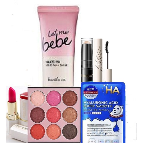 Set Trang Điểm 6 Món Kem Nền BeBe + Bút Che Khuyết Điểm 2 Đầu + Son Siêu Lì Miss Rose+ Phấn Mắt Trái Tim Lameila 8 Ô + M