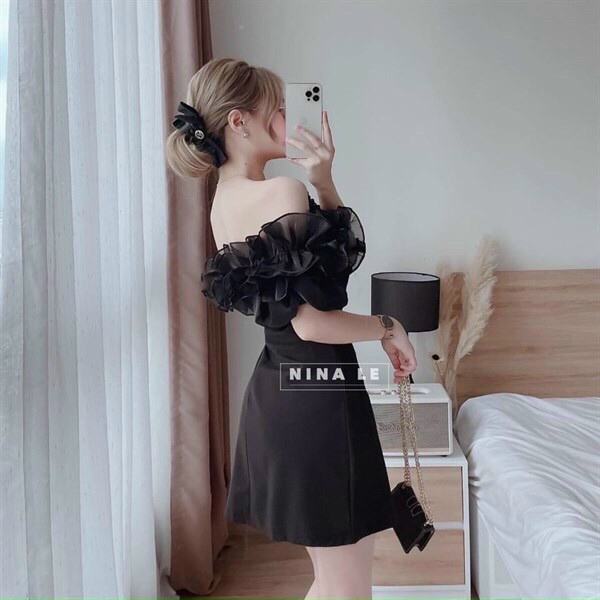 Đầm tiểu thư trễ vai đi dự đám cưới, đầm ôm body trễ vai phối nhún cực đẹp, tôn dáng chuẩn