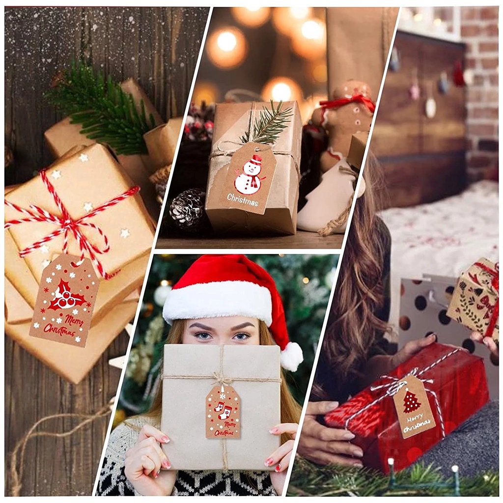 Set 50 thẻ giấy kraft màu nâu có dây thừng treo trang trí giáng sinh