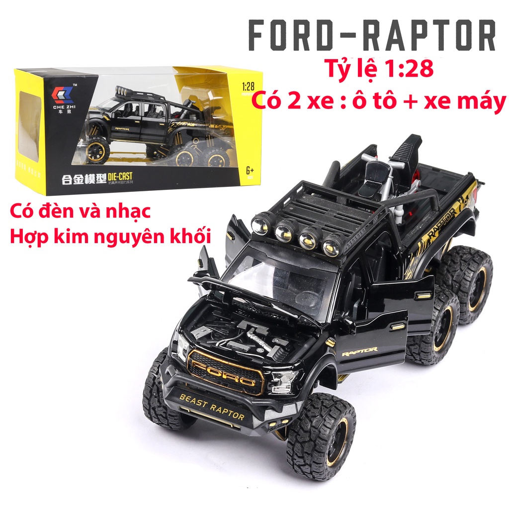 Đồ chơi mô hình xe ô tô Ford Raptor F150 KAVY bằng hợp kim nguyên khối có nhạc và đèn, kèm xe máy tỷ lệ 1:28 màu đen
