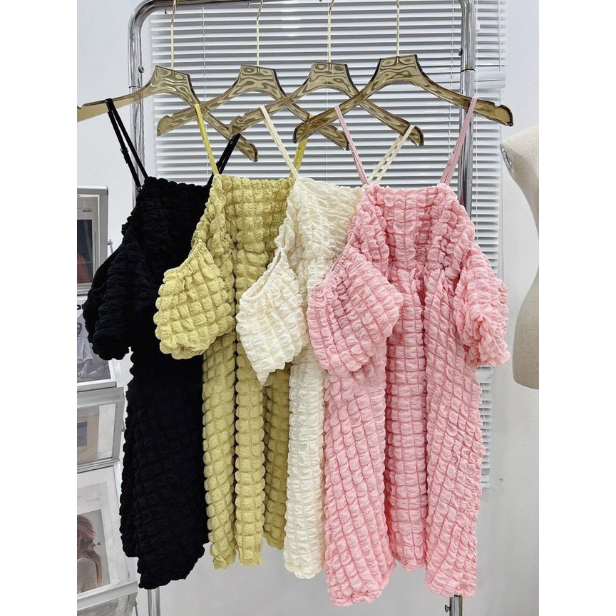 Đầm xốp 2 dây tay bí trễ vai cực xinh , chất thun xốp vuông dày dặn alohashop91