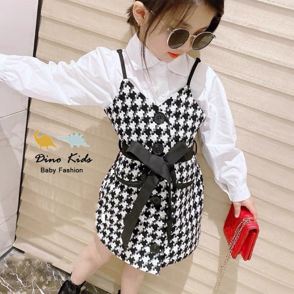 Váy bé gái yếm dạ ziczac kèm áo trắng thô hàn size 20-35kg cho bé