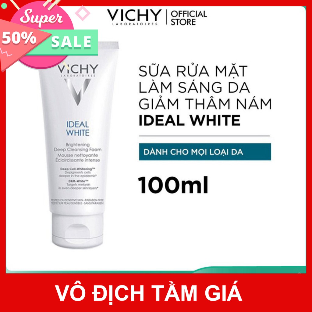 [CHÍNH HÃNG] Sữa rửa mặt tạo bọt dưỡng trắng da Vichy Ideal White Brightening Deep Cleansing Foam 100ml