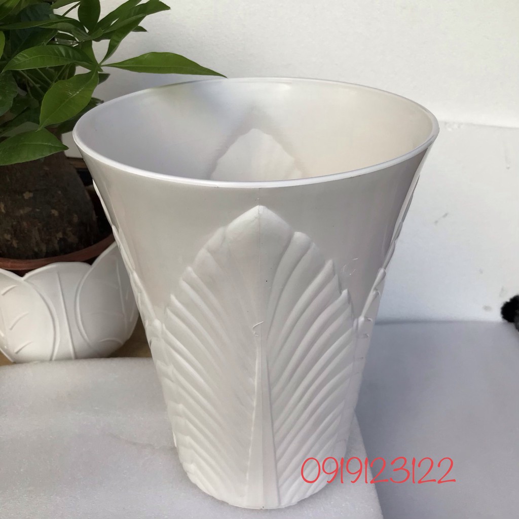 Chậu ống lá cỡ lớn trồng hoa nhựa dày trắng 33x42cm