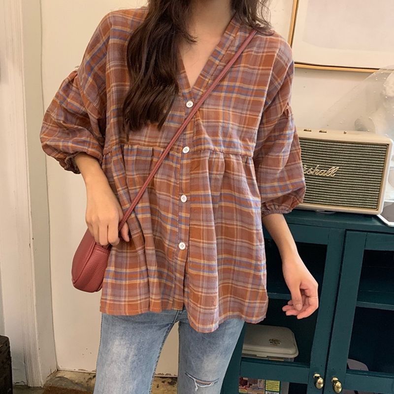 Áo sơ mi kẻ babydoll phong cách tiểu thư công chúa ulzzang hàng Quảng Châu - Có ảnh thật