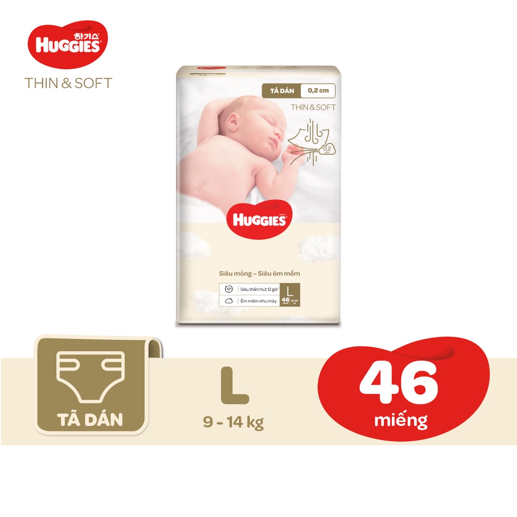 [Mã MKBHUGBU giảm 12% đơn từ 400K] Tã dán Hàn Quốc Huggies Thin &amp; Soft mỏng tàng hình size M54/L46/XL42