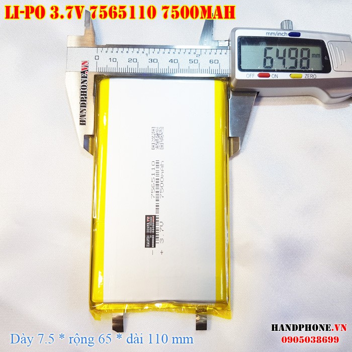 Pin Li-Po 3.7V 7500mAh 7565110 (Lithium Polymer) cho loa Bluetooth, Máy tính xách tay, Box sạc dự phòng, máy POS, Tablet