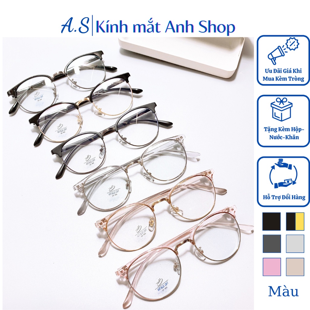 Gọng kính cận tròn nam nữ chất liệu nhựa dẻo kết hợp kim loại nhận cắt tròng cận viễn loạn 6214