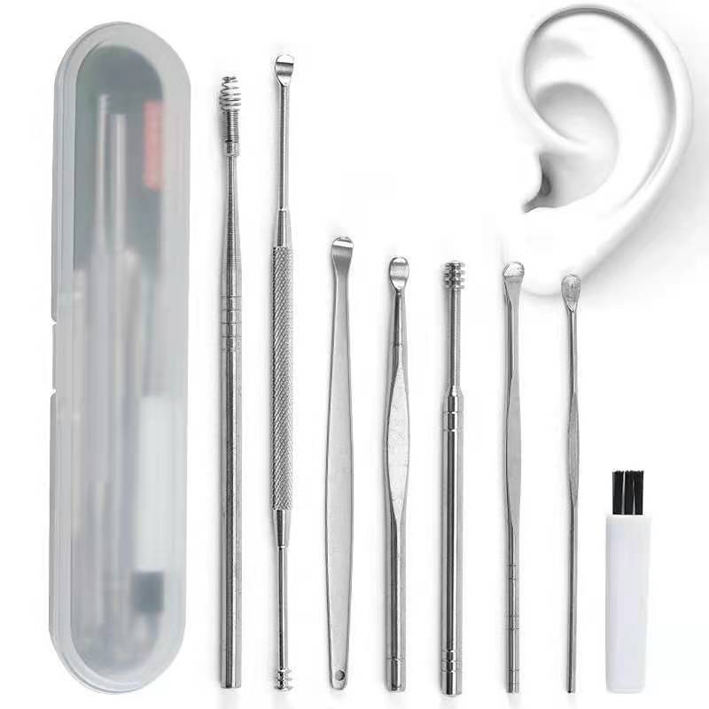 Bộ dụng cụ ráy tai 6 món, chất liệu Inox và gỗ sao an toàn, tiện lợi, dễ mang theo,Bộ lấy ráy tai, LOẠI RẸT