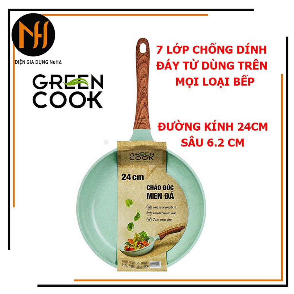 Chảo đúc chống dính 24cm sâu 6.2cm đáy từ 7 lớp men đá xanh ngọc sâu lòng Green Cook GCP06-24IH dùng cho mọi loại bếp