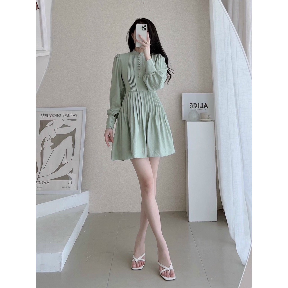 Đầm trắng babydoll nút xếp ly tay dài Lin Dress