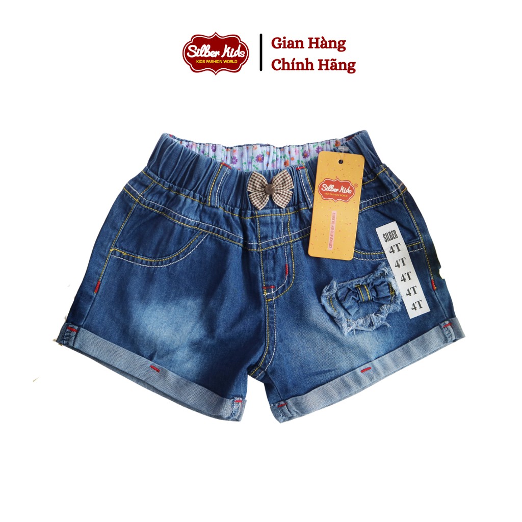 [Mã BMBAU50 giảm 7% đơn 99K] Quần Short Jean Bé Gái Phối Trái Tim Tua Rua, Nơ Kẻ SILBER KIDS