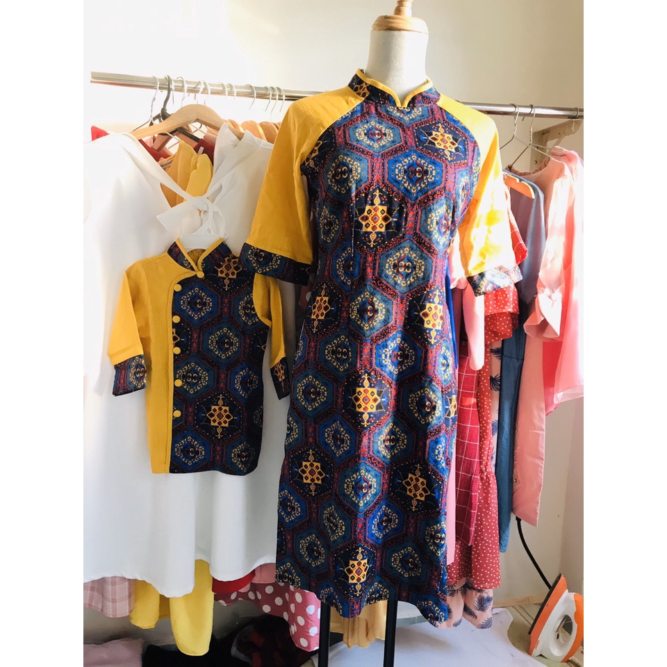 Set áo dài thổ cẩm linen cho mẹ và bé trai