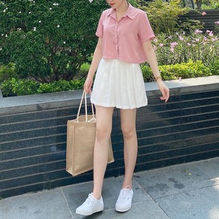 Áo Sơmi Croptop Nữ Tay Ngắn Màu Pastel Siêu Xinh - Áo Sơmi Lụa Cotton