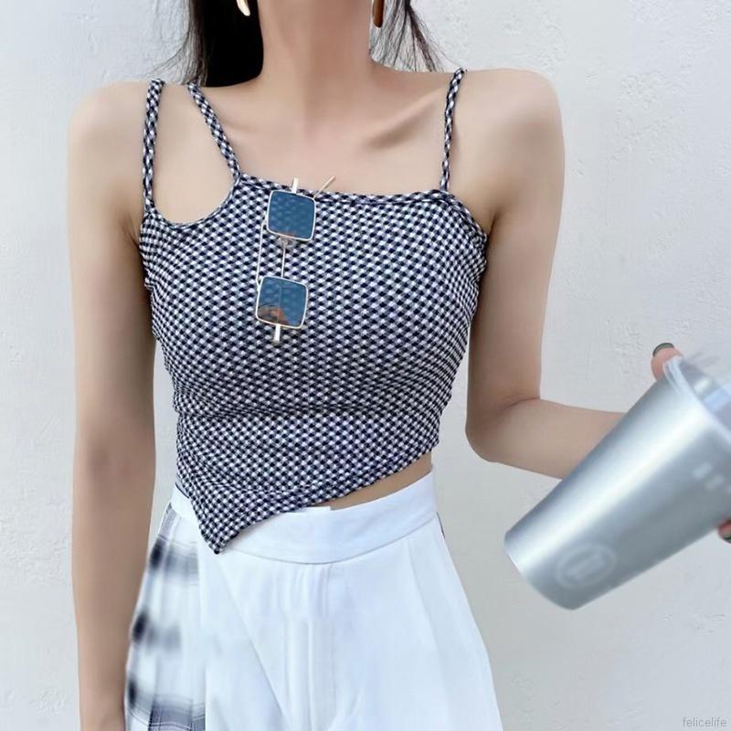 Áo Croptop Dệt Kim Hai Dây Hở Lưng Họa Tiết Sọc Caro Thiết Kế Không Đồng Đều Quyến Rũ Thời Trang Cho Nữ