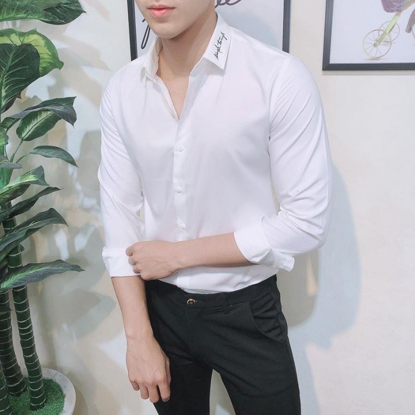 Áo Sơ Mi Nam Dài Tay Phối Họa Tiết Chữ Ký Cổ Áo Thời Trang PONIVALAZA Cao Cấp Phong Cách Hàn Quốc Sành Điệu