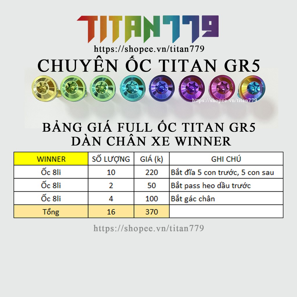 (106) Full bộ 18 ốc Titan Gr5 XỊN bắt dàn chân Winner, bắt đĩa, pass heo trước sau, gác chân