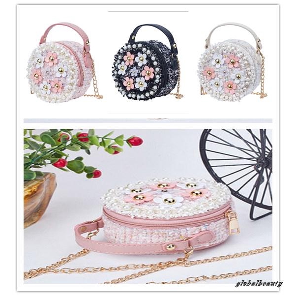 Túi đeo chéo hình tròn họa tiết hoa đính ngọc xinh xắn dành cho bé gái