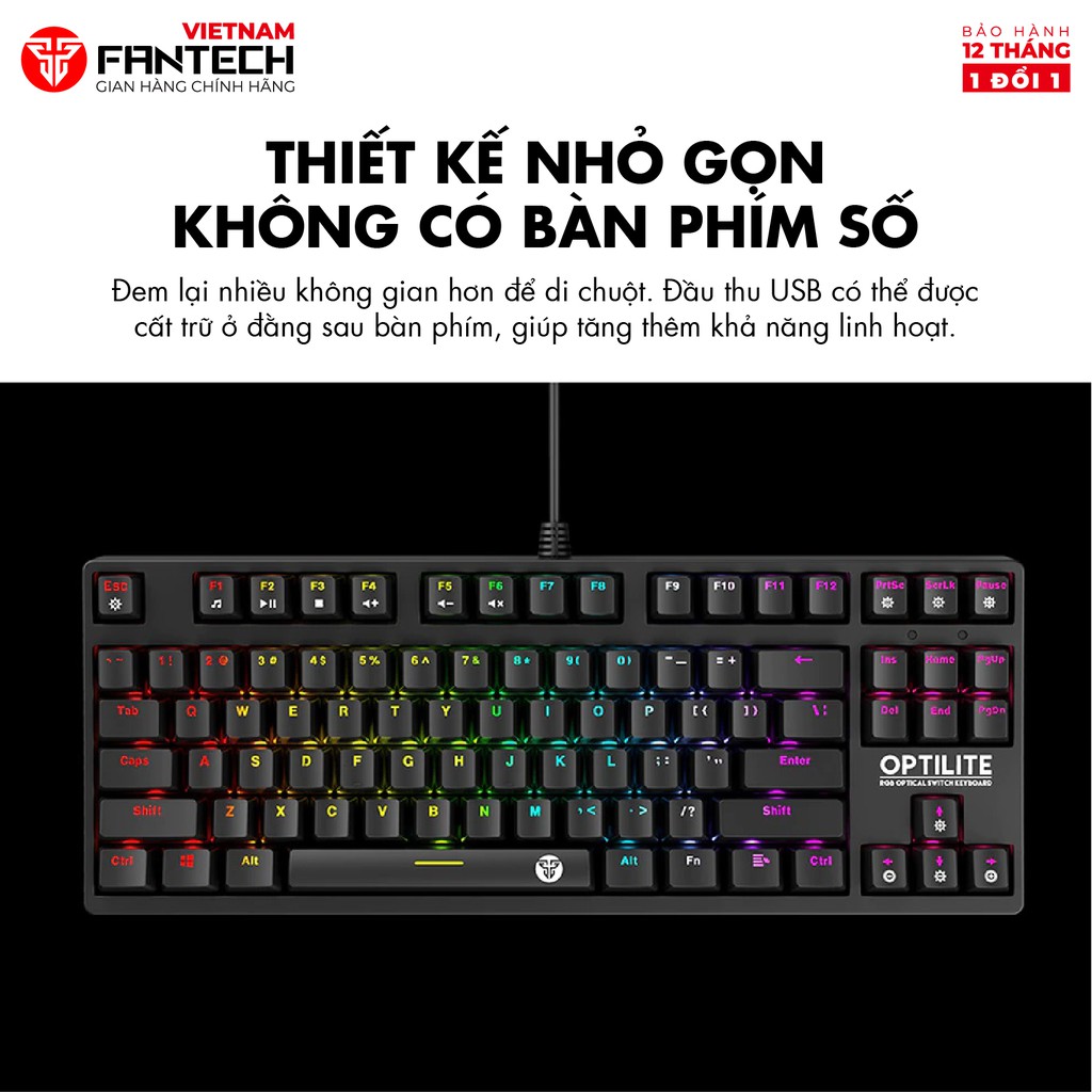 Bàn Phím Cơ Gaming TKL Có Dây Fantech MK872 OPTILITE Outemu Optical Black Switch LED RGB Full Anti Ghosting