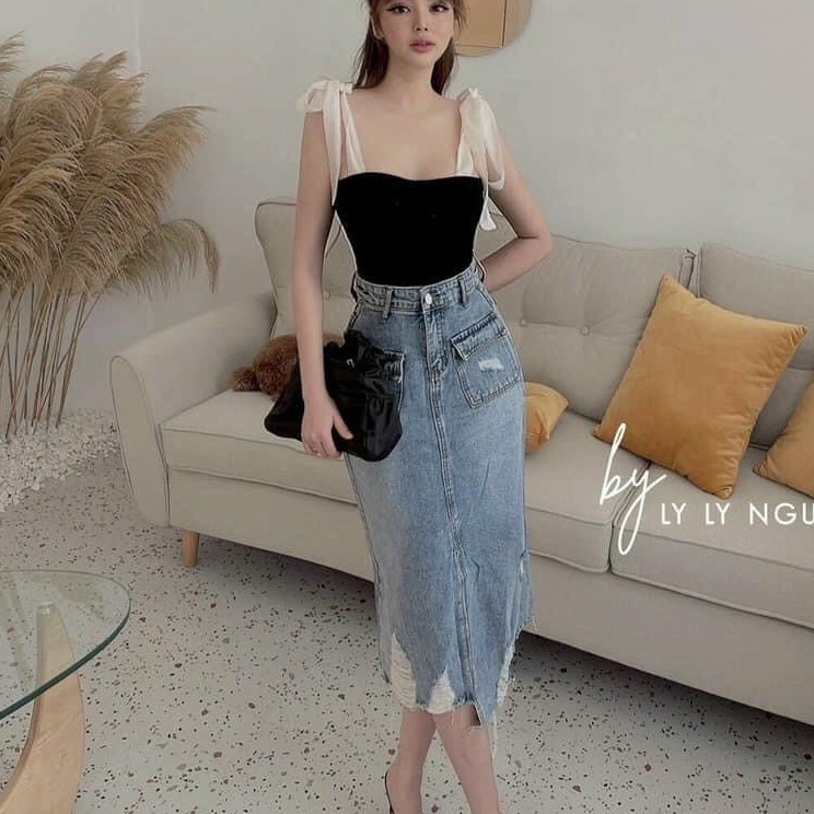[CHEAPY] Chân váy bò dài túi trước - Chân váy ULZZANG midi nữ cạp cao chất jean dày dặn hàng có size phom chuẩn tôn dáng