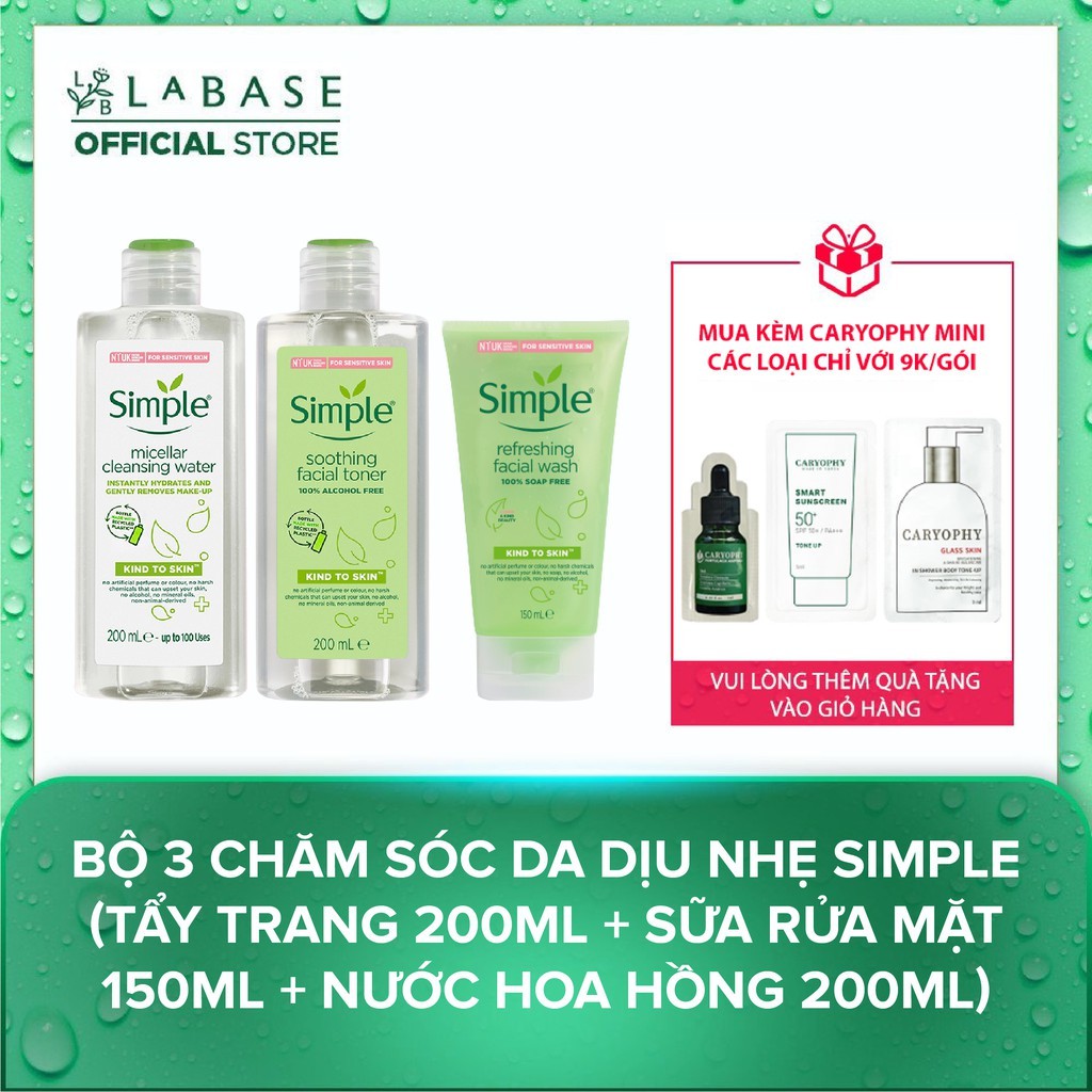 Bộ 3 chăm sóc da dịu nhẹ Simple ( Tẩy trang 200ml + Sữa rửa mặt 150ml + Nước hoa hồng 200ml)[Hàng nhập khẩu chính hãng]