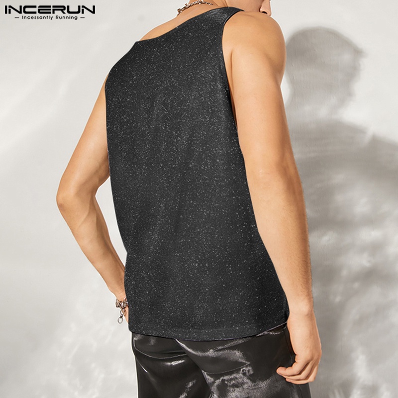 INCERUN Áo Ba Lỗ Cổ Chữ V Sáng Bóng Phong Cách Hippie Cho Nam