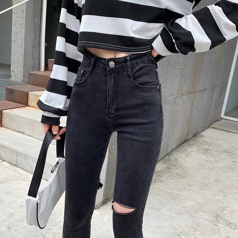 Quần Jean Skinny Ôm Đen Nữ Rách Gối TOPSHOP lưng cao co dãn