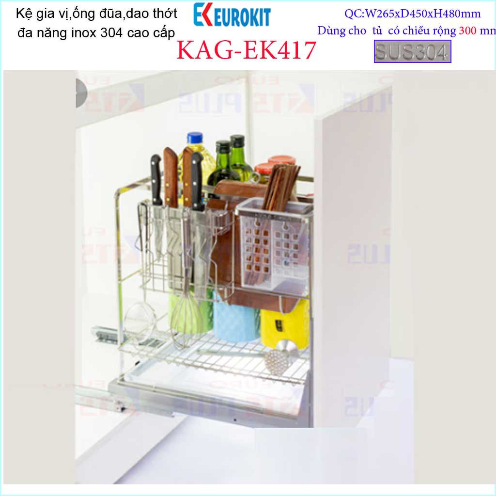 Kệ Gia vị Ray kéo Inox304, kệ gia vị Euro ray giảm chấn KAG-304EK417, khuyến mãi phí lắp đặt trong TPHCM