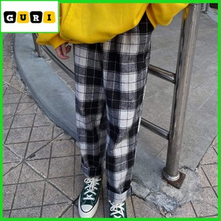 Quần caro ống rộng nữ lưng thun Unisex, Quần dài nữ kẻ caro suông thời trang cao cấp GURI mã QD01