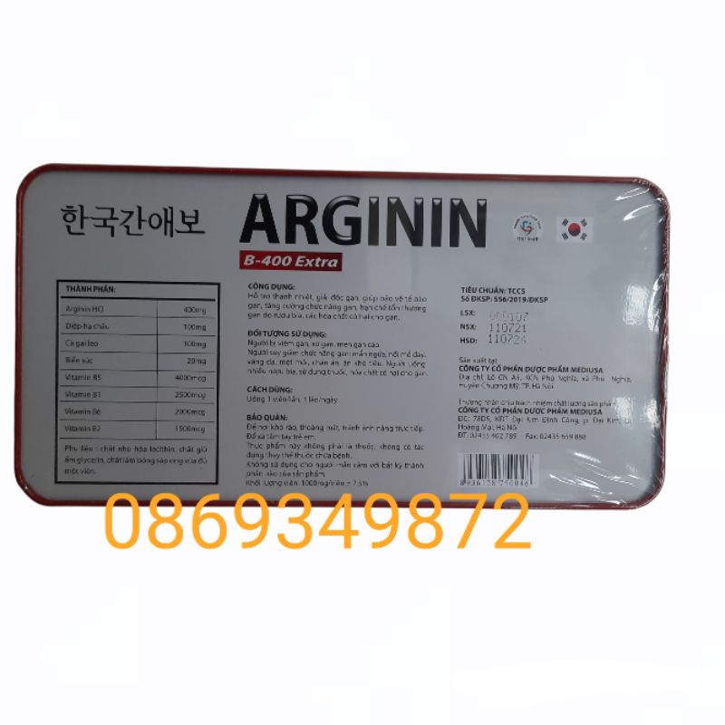 Bổ gan ARGININ B- 400 EXTRA - Hỗ trợ bảo vệ gan,hạ men gan,gan nhiễm mỡ,người uống nhiều rượu bia - Hộp 60 viên