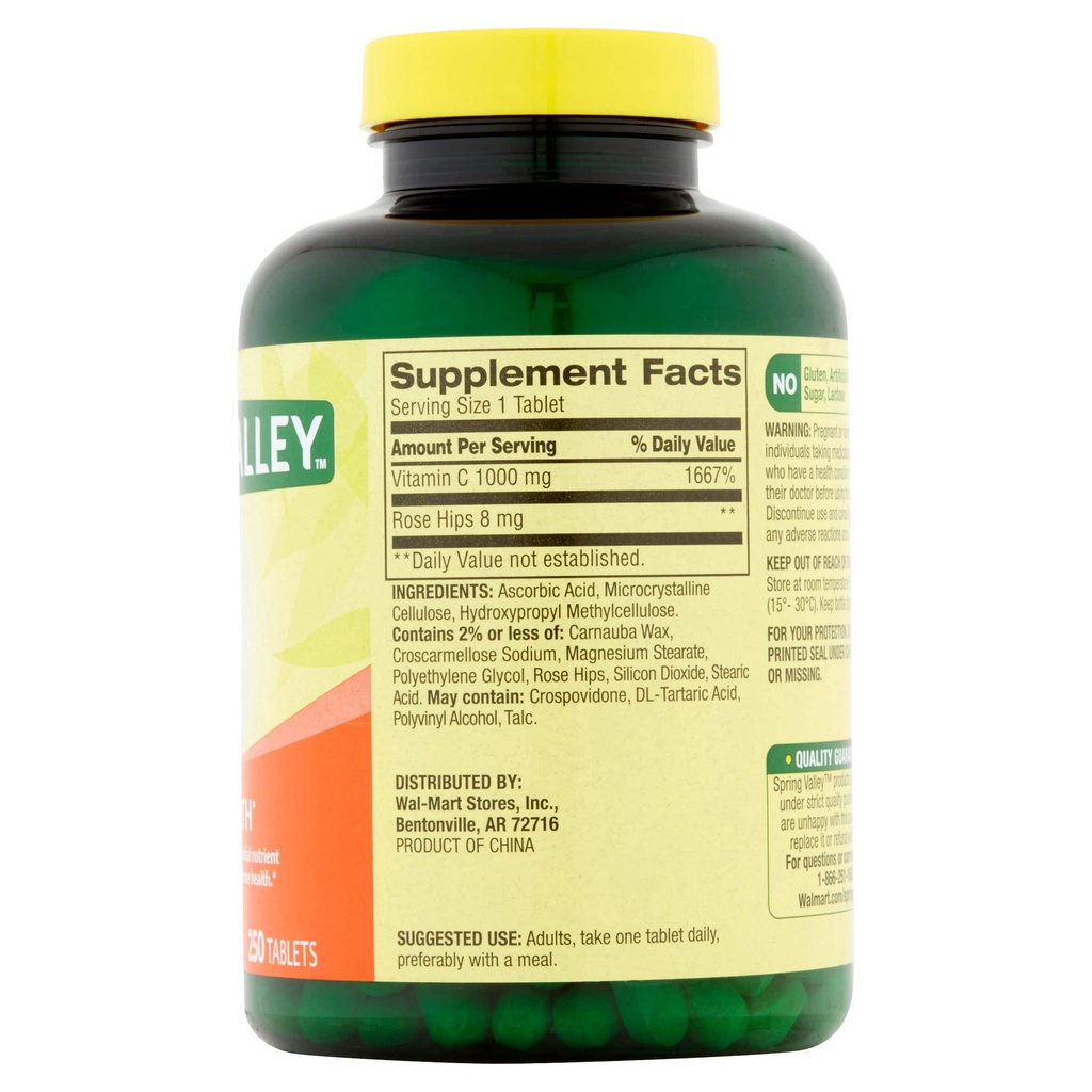 Thực Phẩm Bổ Sung Tăng Sức Đề Kháng, Hệ Miễn Dịch Spring Valley Vitamin C 1000mg 250 Viên
