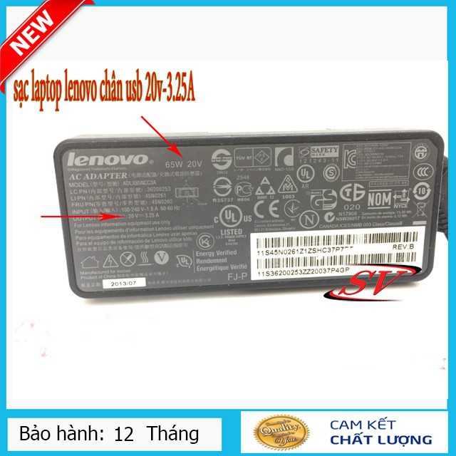 Sạc laptop lenovo 3,25 chân usb  kèm dây nguồn - bảo hành 12t