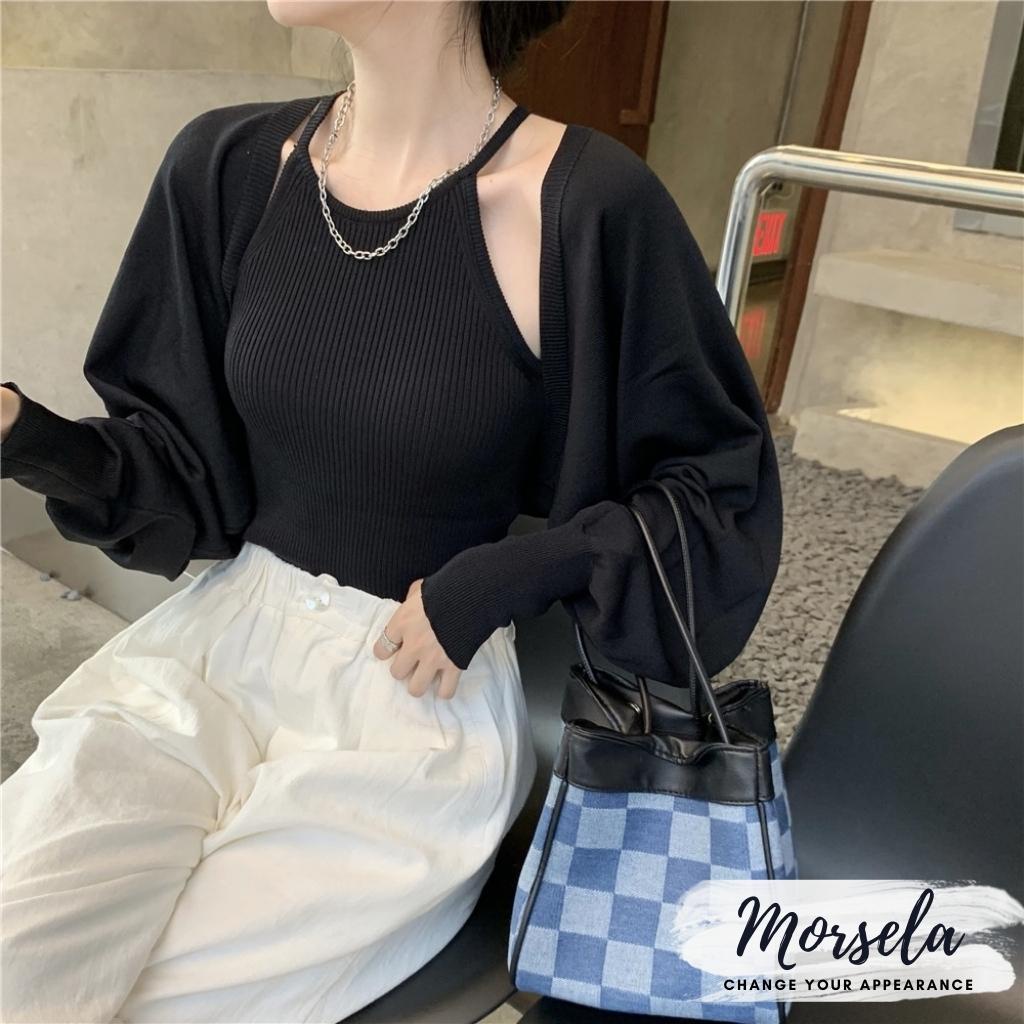 Set áo yếm GEO và áo khoác ngoài cardigan tay dài chất bo gân dày dặn phong cách Hàn Quốc - Morsela - SET01