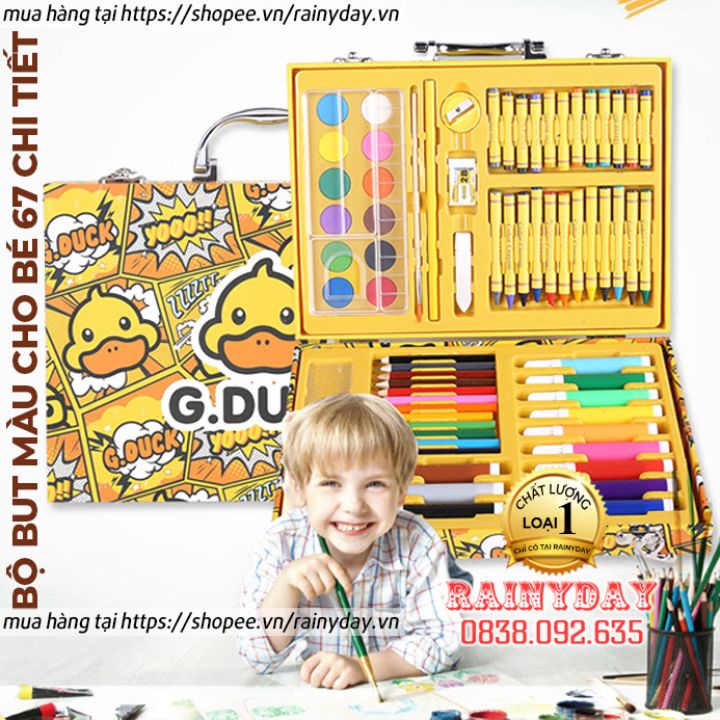 Bộ bút màu cho bé 67 chi tiết, hộp màu cho bé gái trai tập tô vẽ gồm bút chì màu, sáp màu, màu nước
