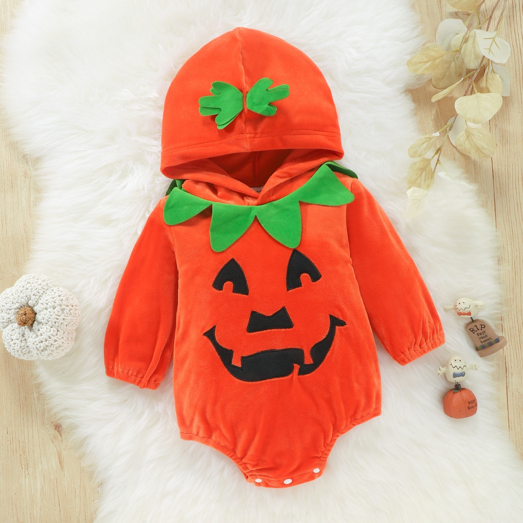 Áo liền quần tam giác tay dài hình bí ngô Halloween cho bé từ 0-20 tháng tuổi