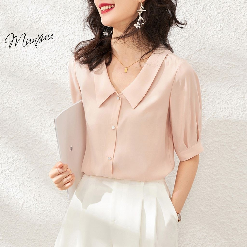 Áo sơ mi trắng nữ MUNXUU thiết kế phong cách công sở dáng trơn, tay áo lỡ nhẹ nhàng thanh lịch - SP09