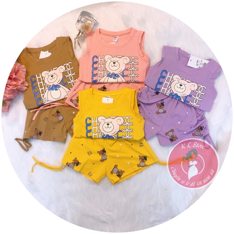 Bộ gấu sát nách cho bé gái (7-22kg), 100% cotton phối hình xinh TE11