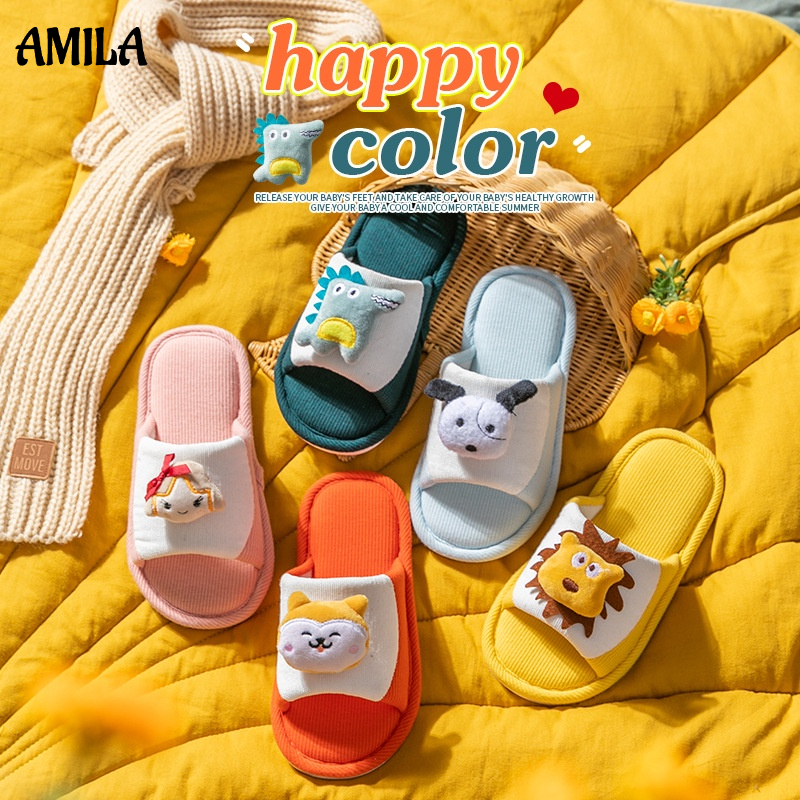 Dép AMILA đi trong nhà vải lanh họa tiết hoạt hình thời trang xuân hè cho bé