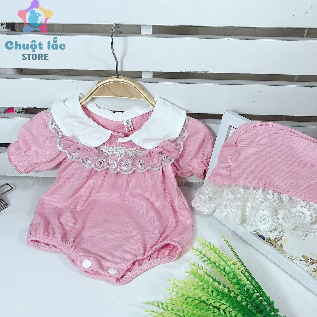 Đồ Bộ Body Cho Bé Gái Sơ Sinh Chuột Lắc Store Chất Cotton Len Cổ Sen Viền Ren Kèm Mũ Màu Hồng, Trắng