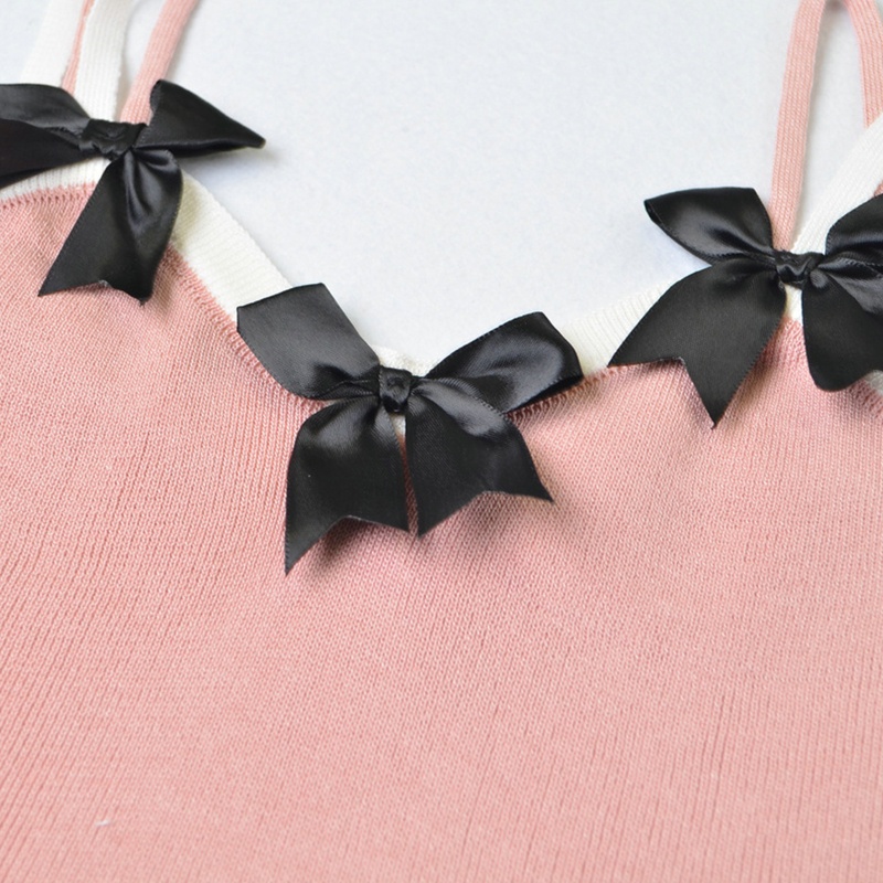 Áo Croptop Hai Dây Dệt Kim Đính Nơ Màu Sắc Tương Phản Thời Trang Mùa Hè Xinh Xắn Cho Nữ