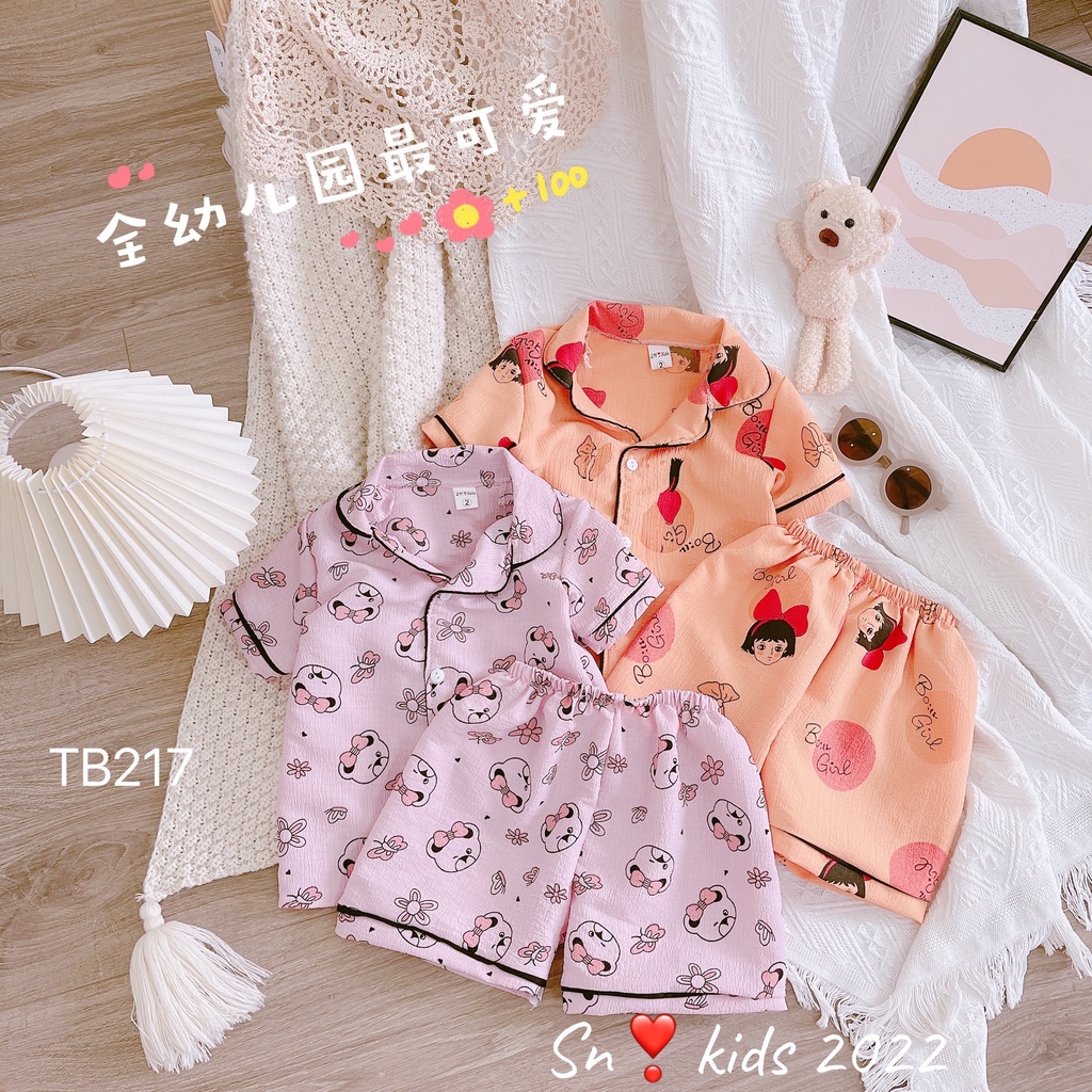Bộ pijama cộc tay mặc nhà cho bé gái vải đũi xốp thoáng mát, mềm mại size từ 10 đến 20 kg