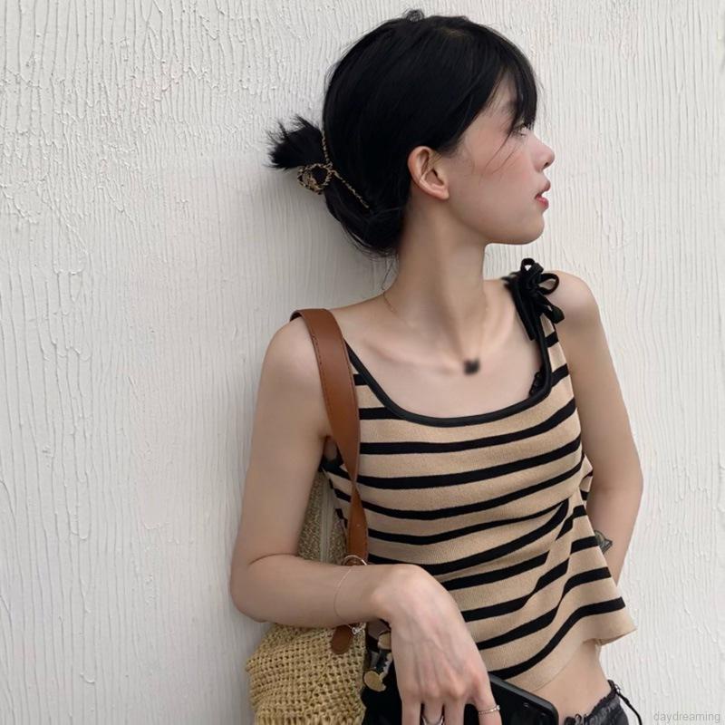 Áo Tank Top Dệt Kim Phối Nơ Hoạ Tiết Kẻ Sọc Thiết Kế Thanh Lịch