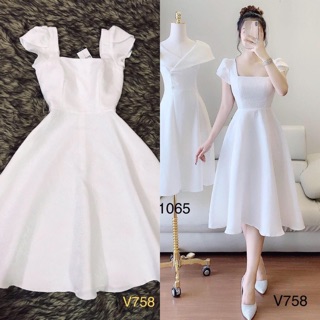 Váy xoè gấm trắng cổ vuông V758 - DVC thời trang thiết kế cao cấp (kèm ảnh sàn do shop tự chụp)