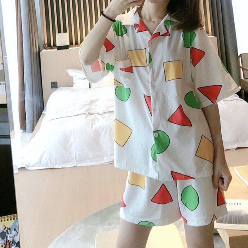 Bộ Đồ Ngủ 2 Món Tay Ngắn Dáng Rộng Cài Khuy Họa Tiết Hình Học Nhiều Màu Thời Trang Mùa Hè Cho Bạn Gái